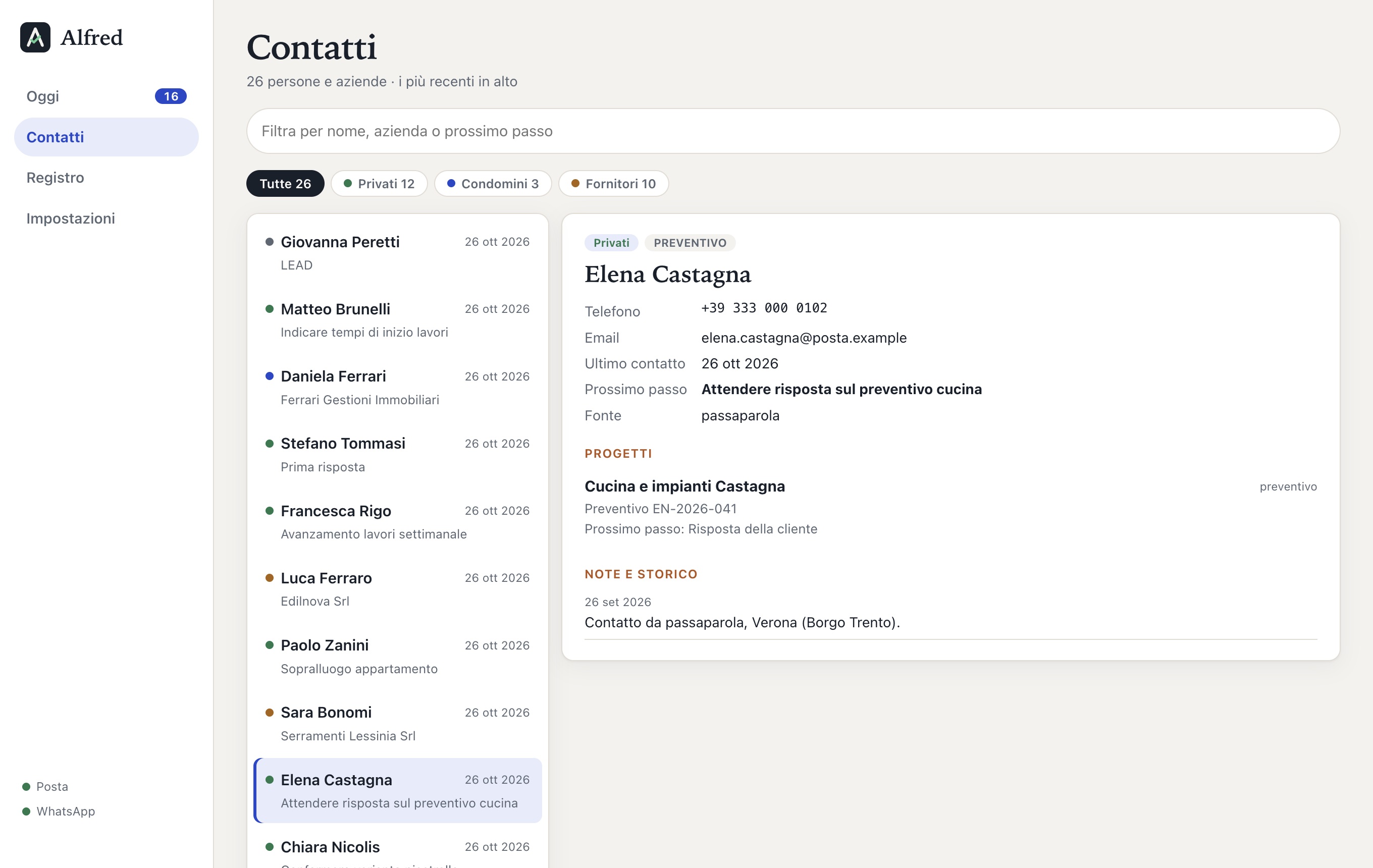 Scheda di un cliente in Alfred con progetto, preventivo e storico (dati di esempio)